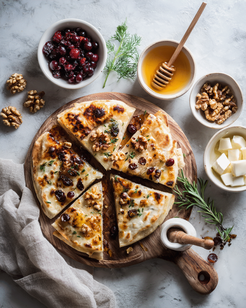 Crispy Flatbread: Brie, Cranberry & Walnut Flavor Explosion! 4 Craving a gourmet appetizer that's both elegant and easy? Our Crispy Flatbread with Brie, Cranberries & Toasted Walnuts delivers a flavor explosion that will wow your taste buds. Try now!