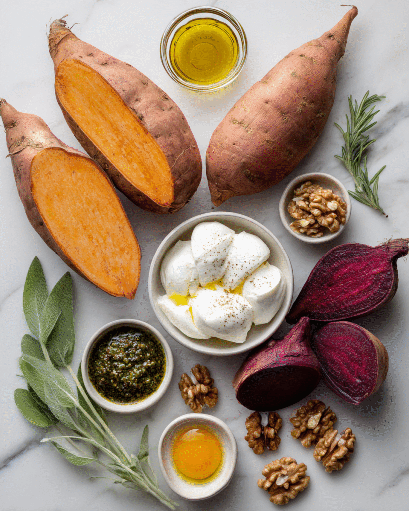 Craving a stunning appetizer that's both elegant and easy? Learn how to create caramelized sweet potato rounds with burrata, roasted beets & walnut sage pesto. Discover gourmet magic! *Try now*