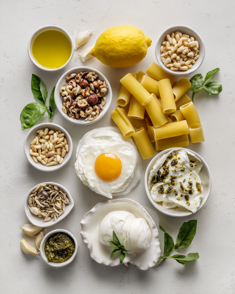 Lemon Pesto Rigatoni: A Creamy Burrata Dream 4 Craving a pasta dish that'll make your taste buds dance? Our Lemon Pesto Rigatoni with Burrata and Roasted Pine Nuts delivers creamy, zesty perfection in every bite. Discover now!