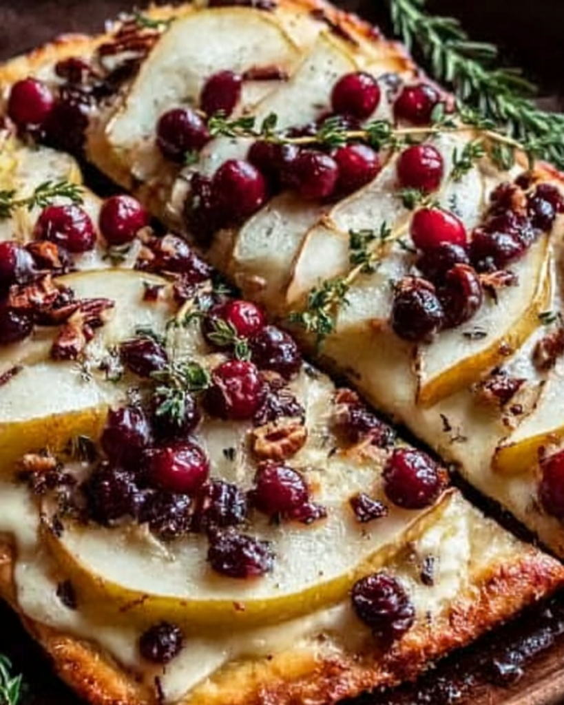 Craving a gourmet appetizer that's both elegant and easy? Master the art of crispy flatbread with brie, pear, toasted pecans & cranberry glaze that will impress any crowd. Discover now!