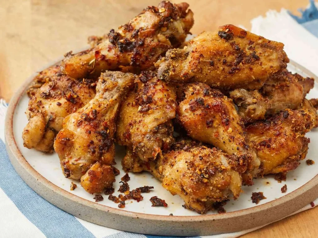 Crispy Air Fryer Parmesan Wings served on a plate with dipping sauce