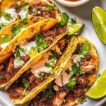 Plate of authentic Birria Tacos with flavorful meat and herbs