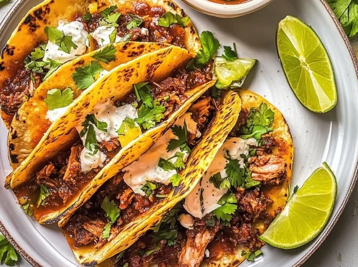 Plate of authentic Birria Tacos with flavorful meat and herbs
