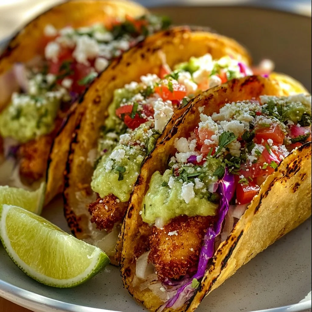 Delicious Baja Fish Tacos topped with fresh ingredients and served in warm tortillas.