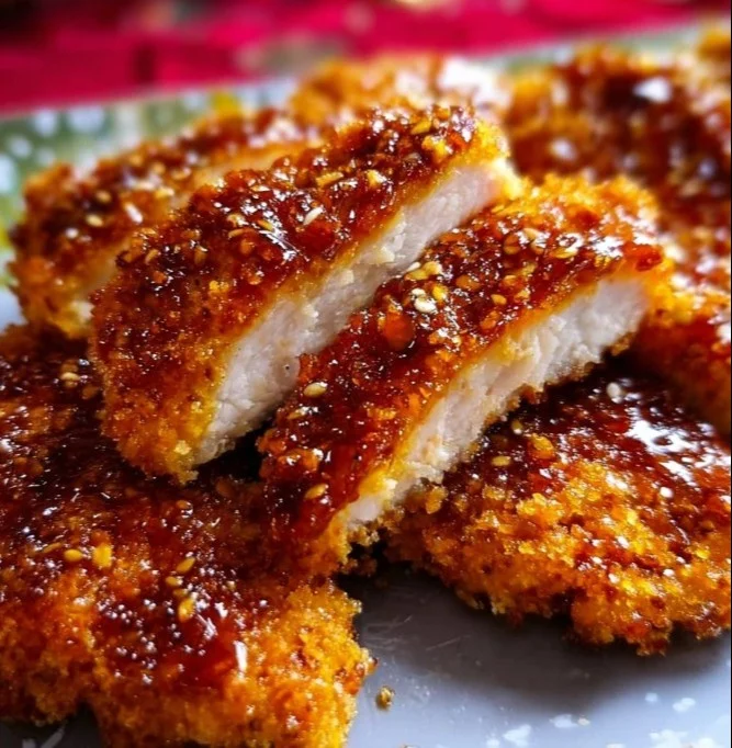 Baked Crunchy Hot Honey Chicken on a plate garnished with herbs