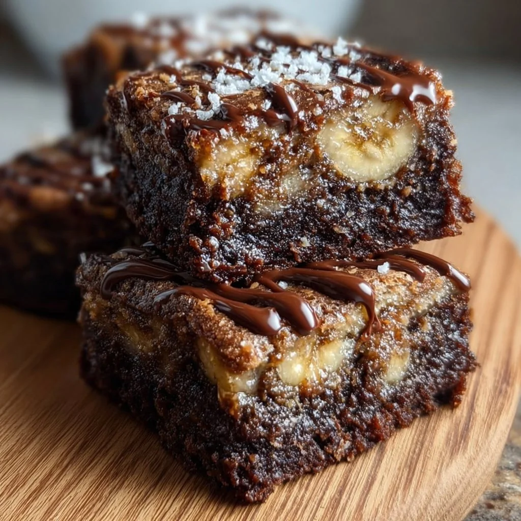 Delicious banana bread brownies on a plate topped with walnuts.