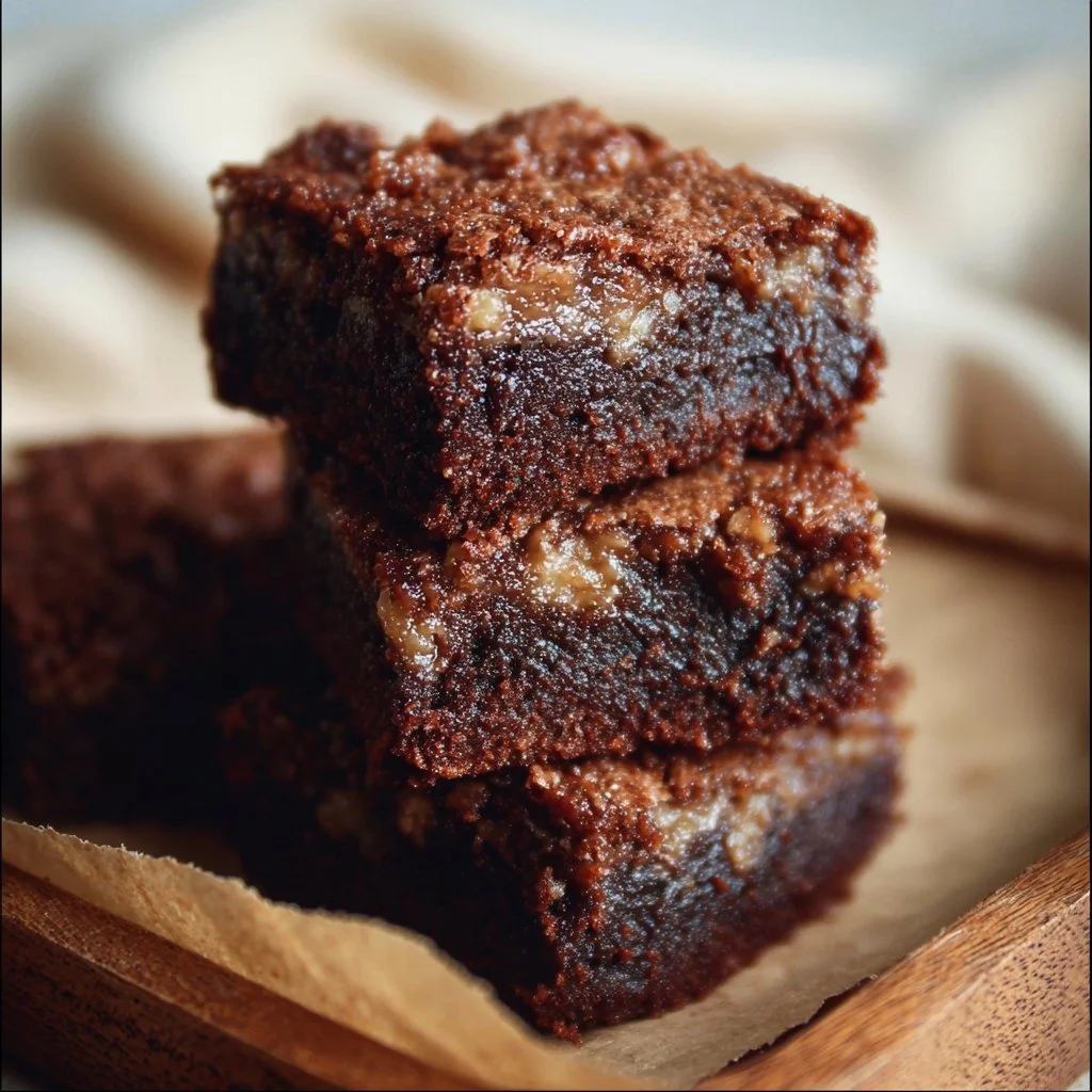 Delicious banana bread brownies on a wooden table with a slice cut out