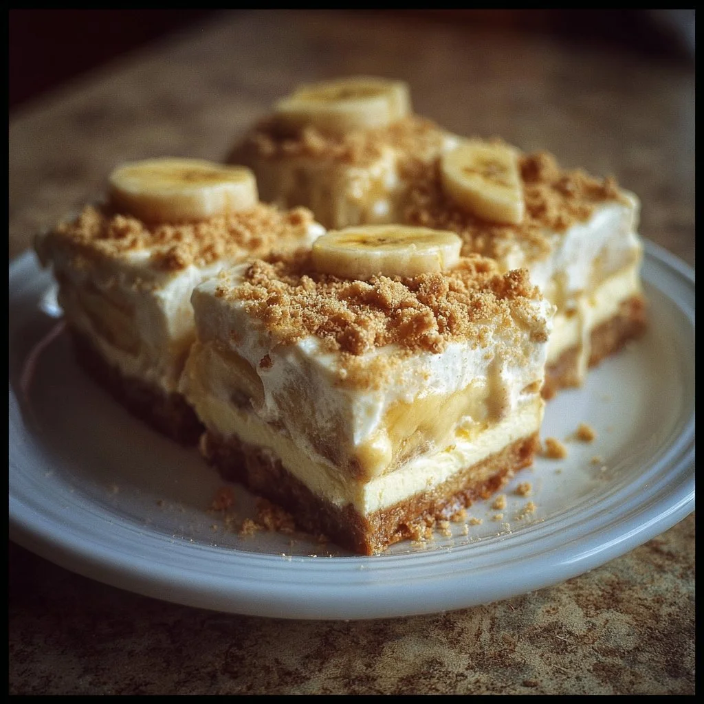 Banana Pudding Cheesecake Squares 3 Delicious banana pudding cheesecake squares served on a plate.