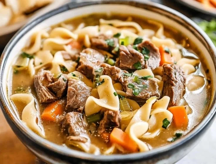 A bowl of delicious and steaming beef noodle soup garnished with herbs