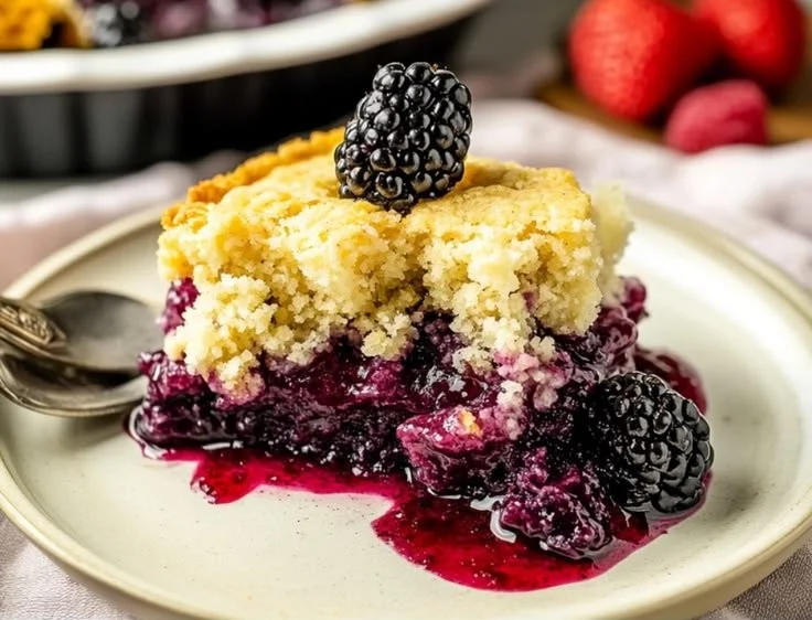 Delicious homemade blackberry cobbler dessert with fresh blackberries.