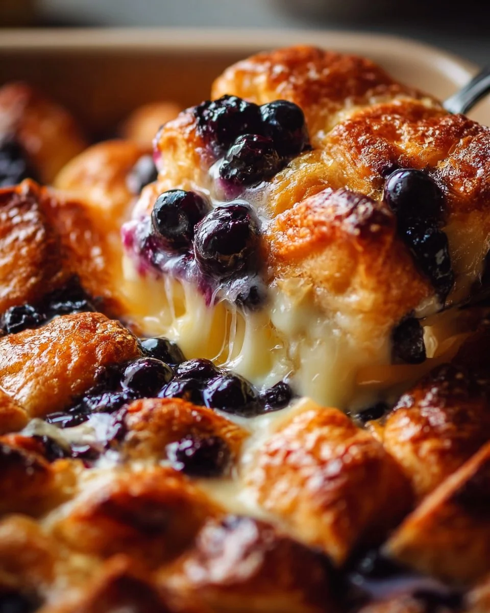Blueberry Croissant Casserole topped with cream cheese and fresh blueberries