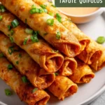 Crispy Buffalo Chicken Taquitos garnished with green onions and ranch dip