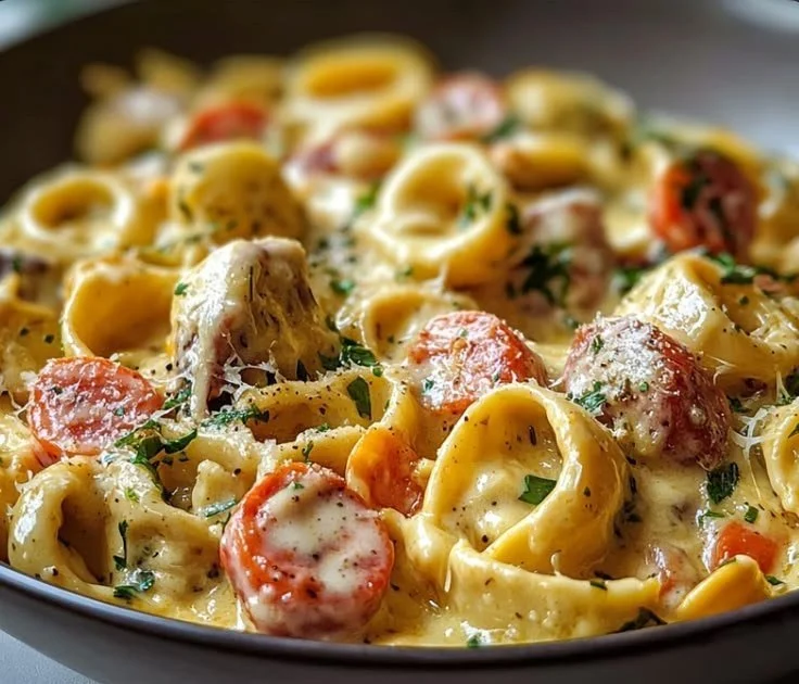 Plate of Cajun Alfredo Tortellini with spicy sauce and fresh herbs