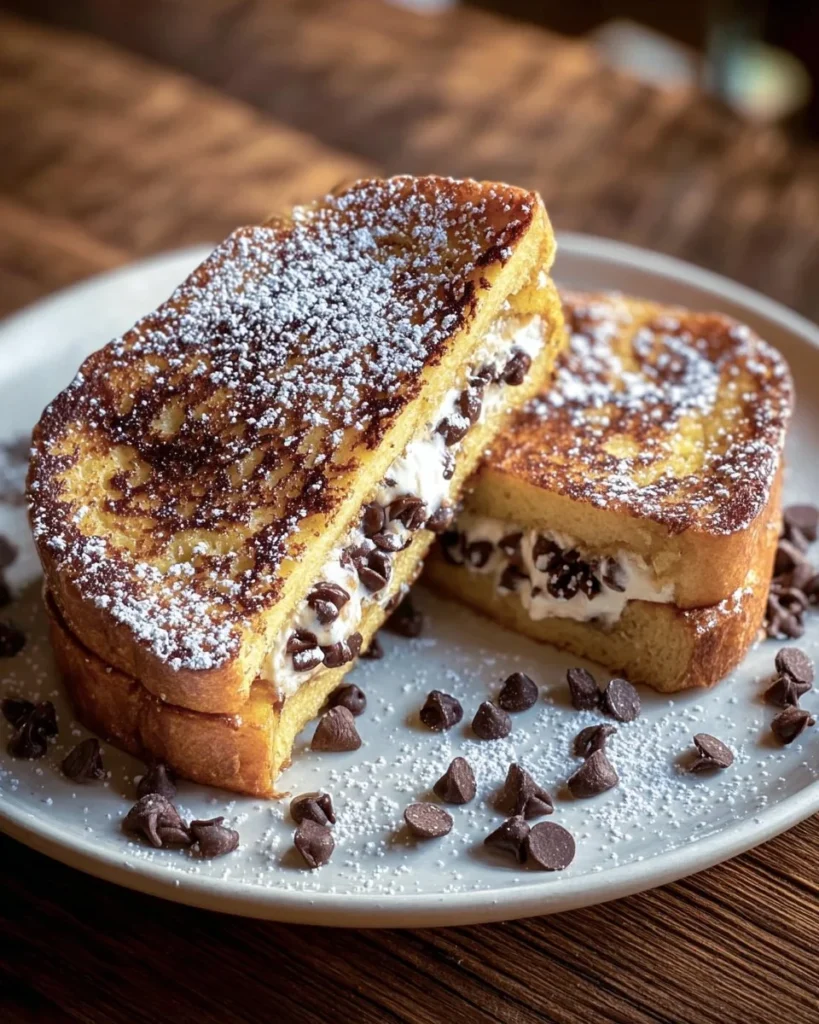 Delicious cannoli stuffed French toast served on a plate with toppings.