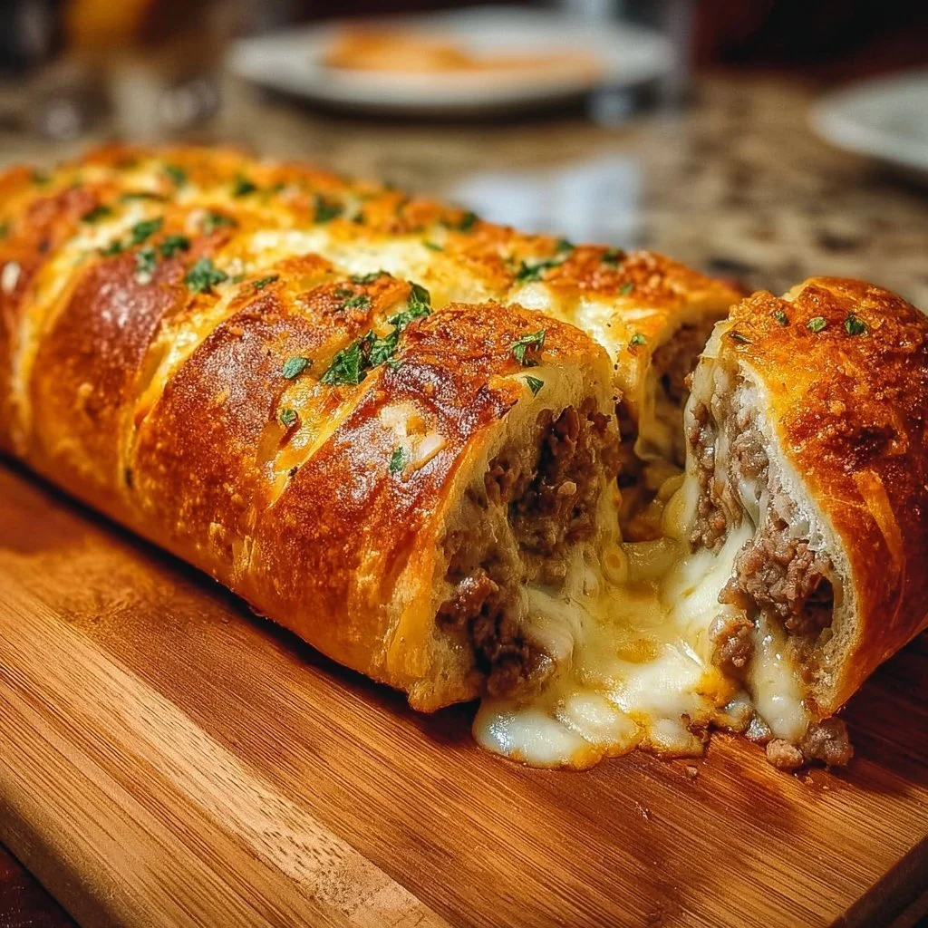 Cheesesteak stuffed garlic bread loaf topped with melted cheese and herbs.