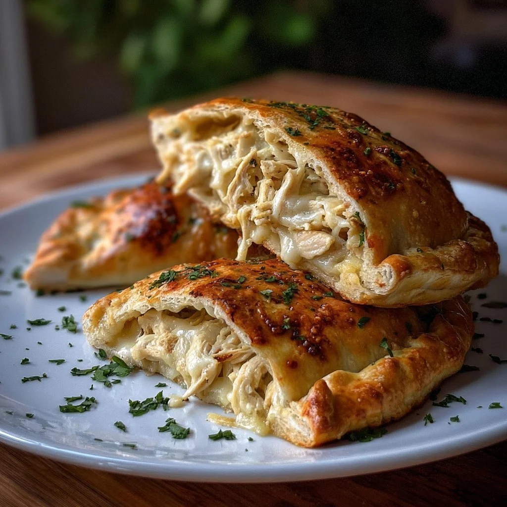 Cheesy chicken alfredo calzones fresh out of the oven, served on a plate