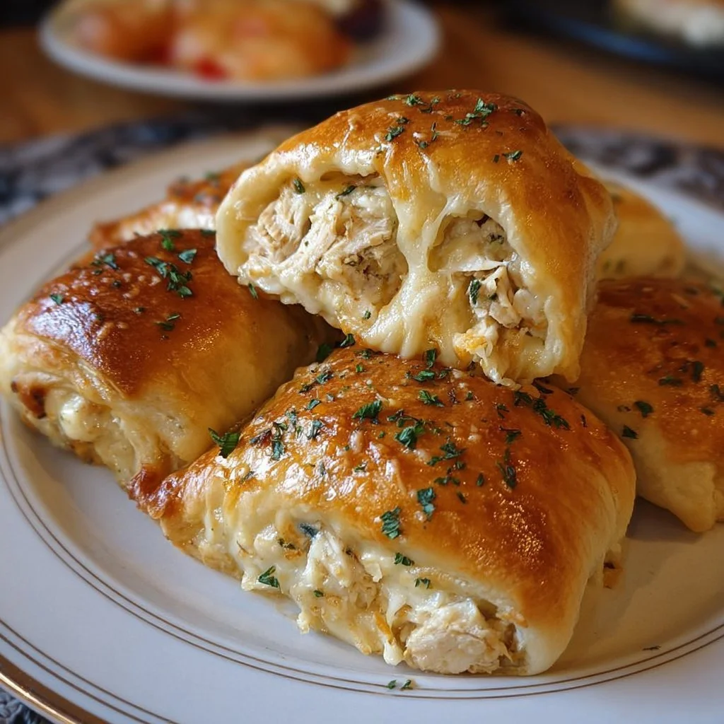 Cheesy chicken-stuffed crescent rolls on a platter.