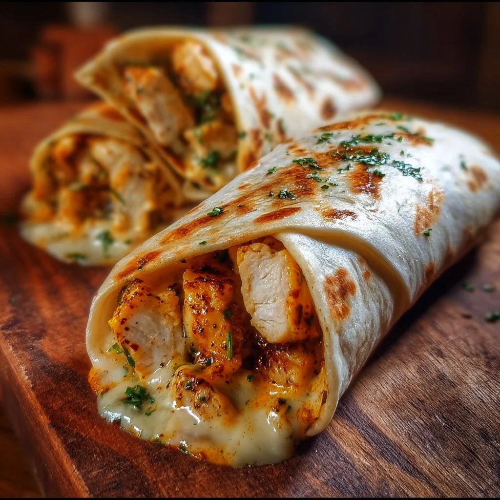 Cheesy Garlic Chicken Wraps 3 Delicious cheesy garlic chicken wraps ready to enjoy
