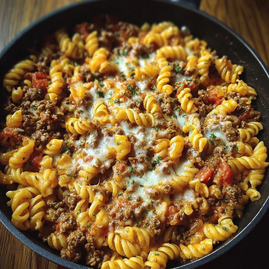Cheesy Ground Beef Pasta Skillet served in a skillet with fresh herbs