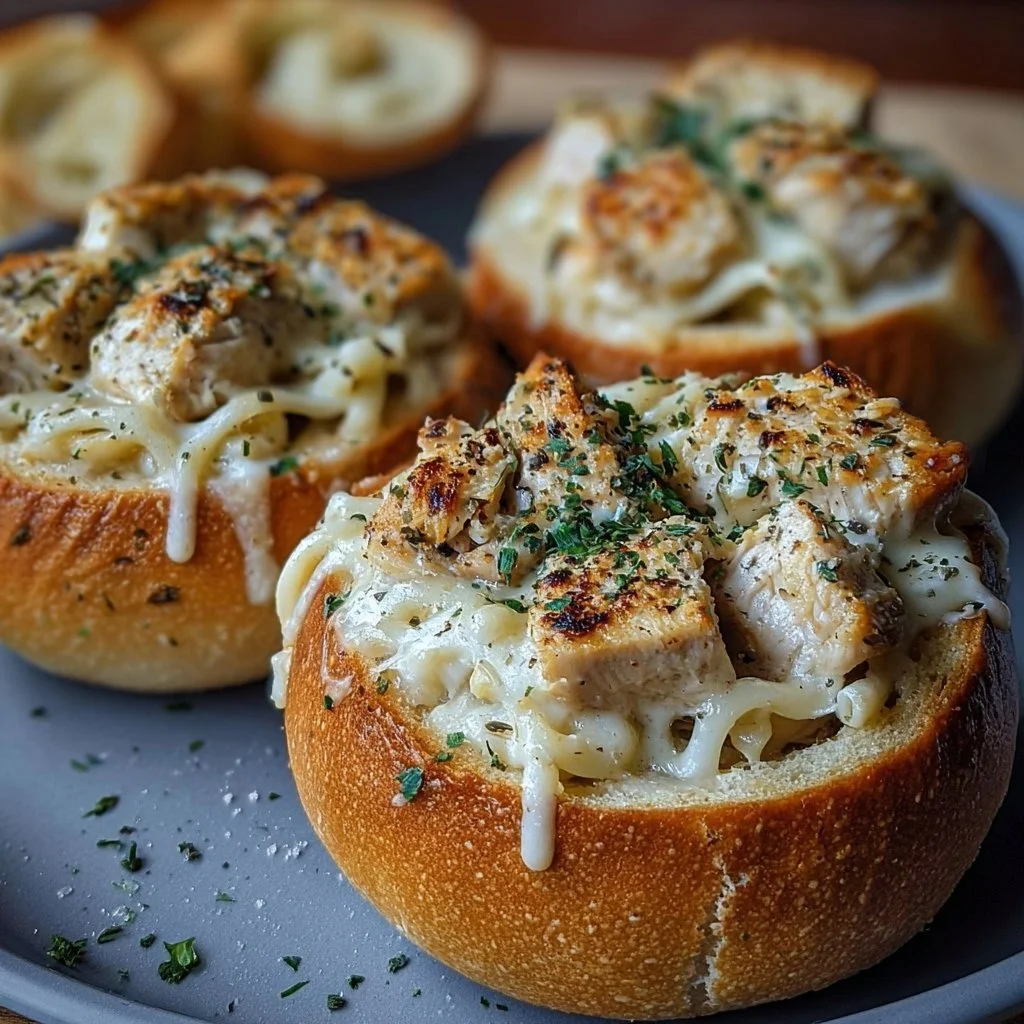 Chicken Alfredo Garlic Bread Bowls filled with creamy chicken alfredo sauce