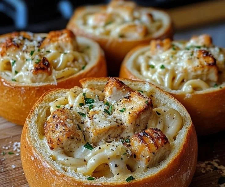 Chicken Alfredo Garlic Bread Bowls