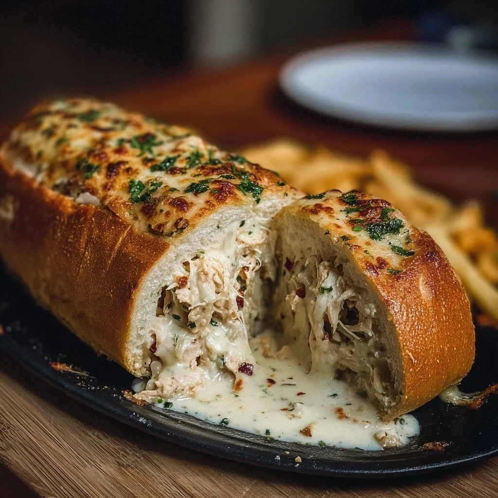 Chicken Alfredo Stuffed Bread 3 Delicious Chicken Alfredo Stuffed Bread filled with creamy chicken and cheese