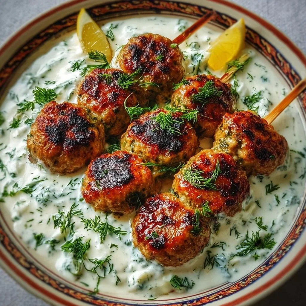 Chicken Kofta with Garlic Yogurt Sauce 2 Delicious Chicken Kofta served with garlic yogurt sauce on a plate