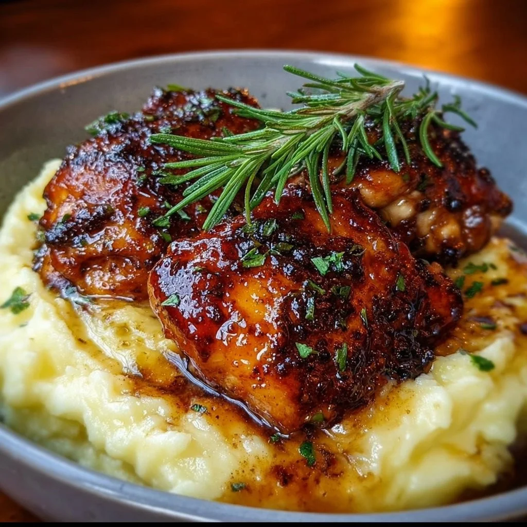 Chipotle Honey Chicken thighs with smoked Gouda mashed potatoes on a plate