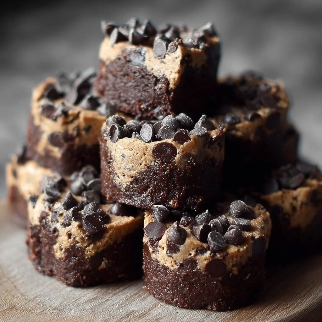 Chocolate Chip Cookie Dough Brownie Bites served on a plate