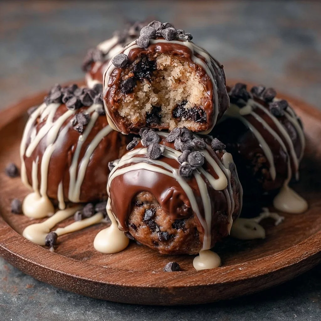 Chocolate Chip Cookie Dough Brownie Bombs 3 Chocolate chip cookie dough brownie bombs served on a plate