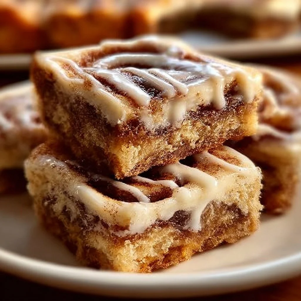 Delicious cinnamon roll bliss bars topped with creamy frosting.