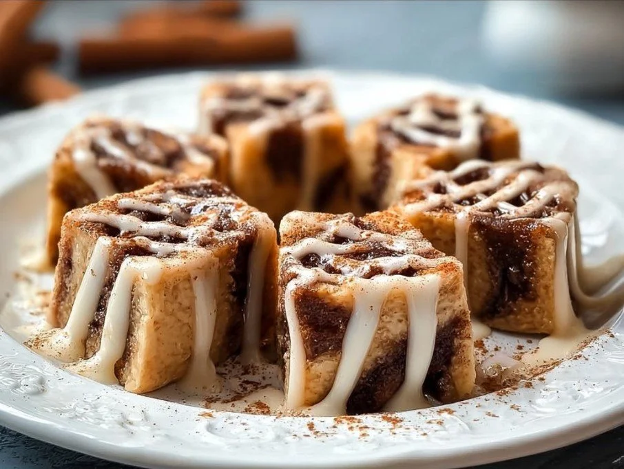 Delicious cinnamon roll fudge squares topped with icing and cinnamon