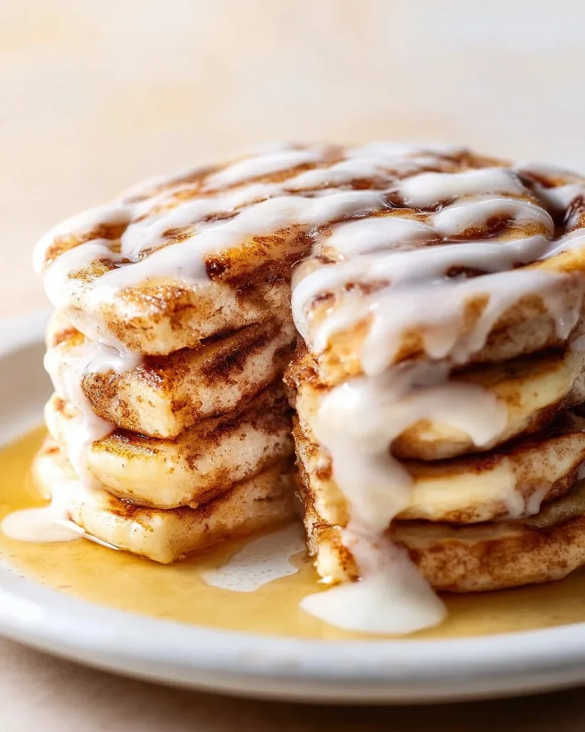 Delicious cinnamon roll pancakes drizzled with cream cheese icing
