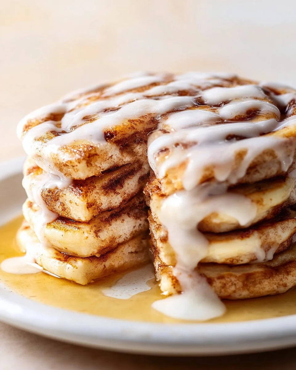 Delicious cinnamon roll pancakes drizzled with cream cheese icing