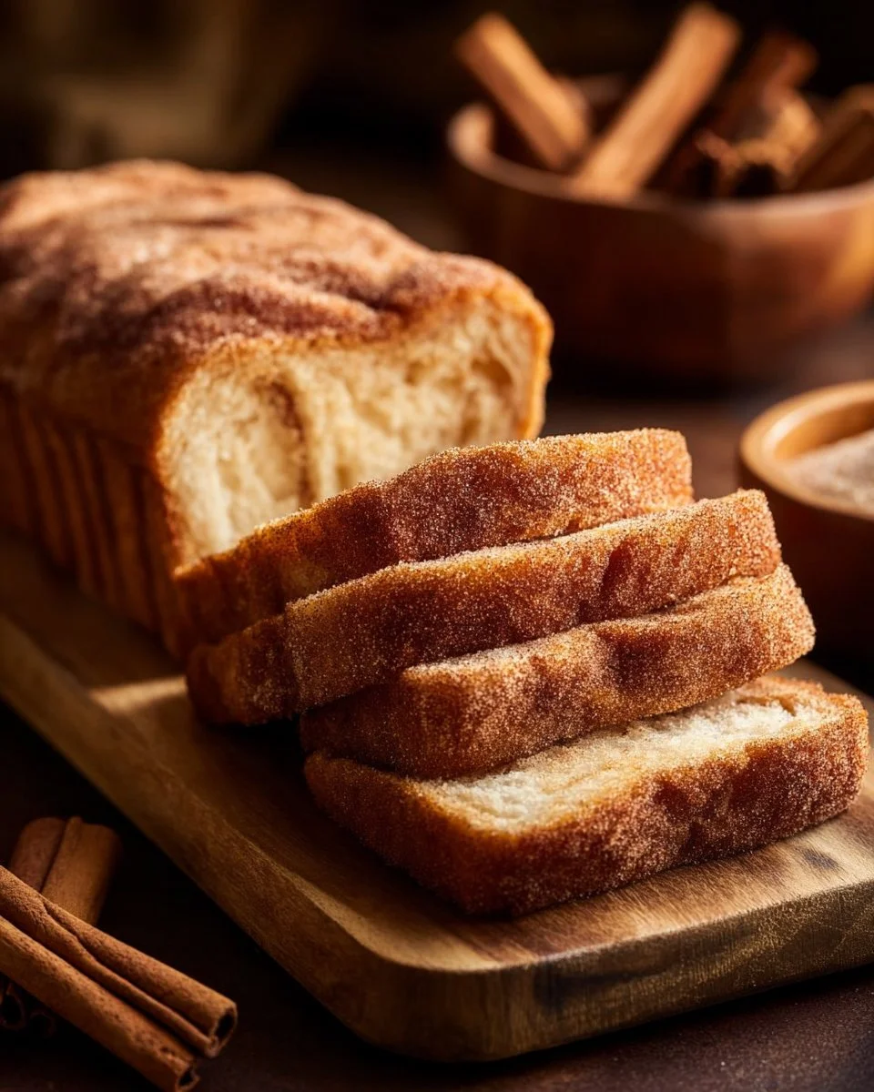 Sliced Cinnamon Sugar Donut Bread with a sprinkling of cinnamon on top