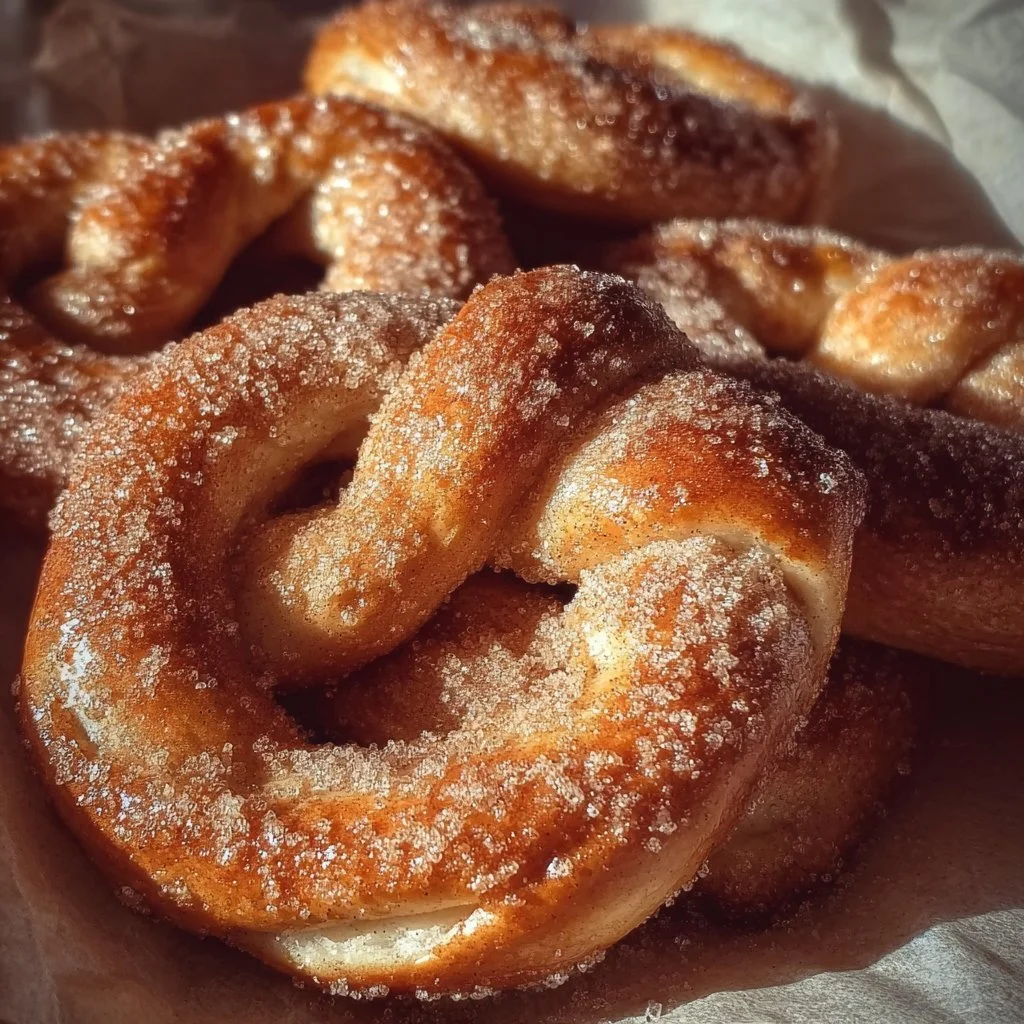 Delicious cinnamon sugar soft pretzels on a wooden board
