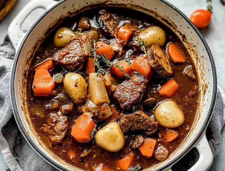 Classic Beef Stew 3 A steaming bowl of classic beef stew with vegetables and herbs