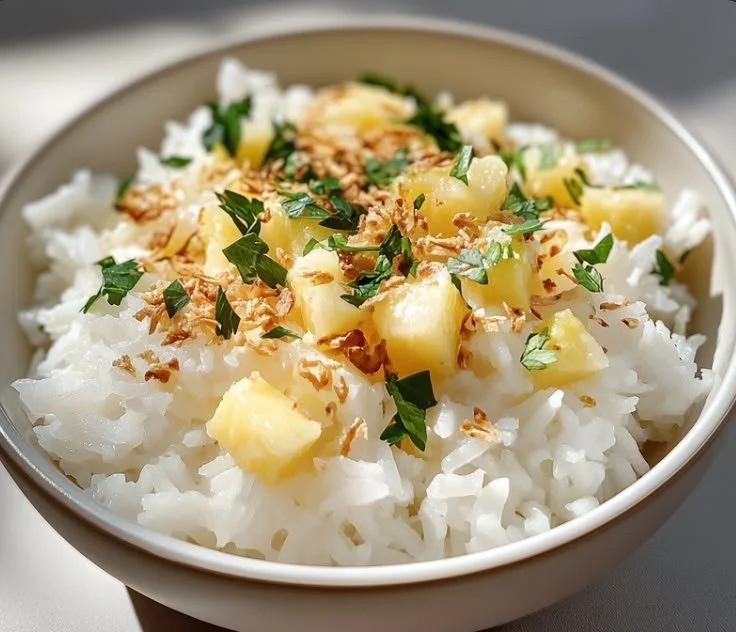 Bowl of Coconut Pineapple Rice with chunks of pineapple and coconut flakes