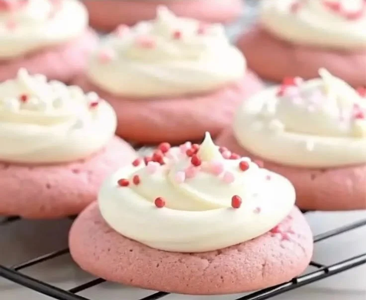 Delicious pink velvet cookies inspired by Crumbl's recipe