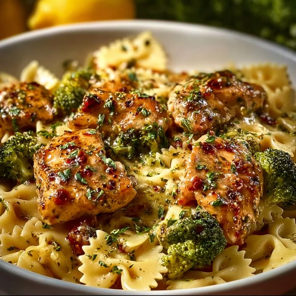 Cowboy Butter Lemon Bowtie Chicken with Broccoli dish on a plate