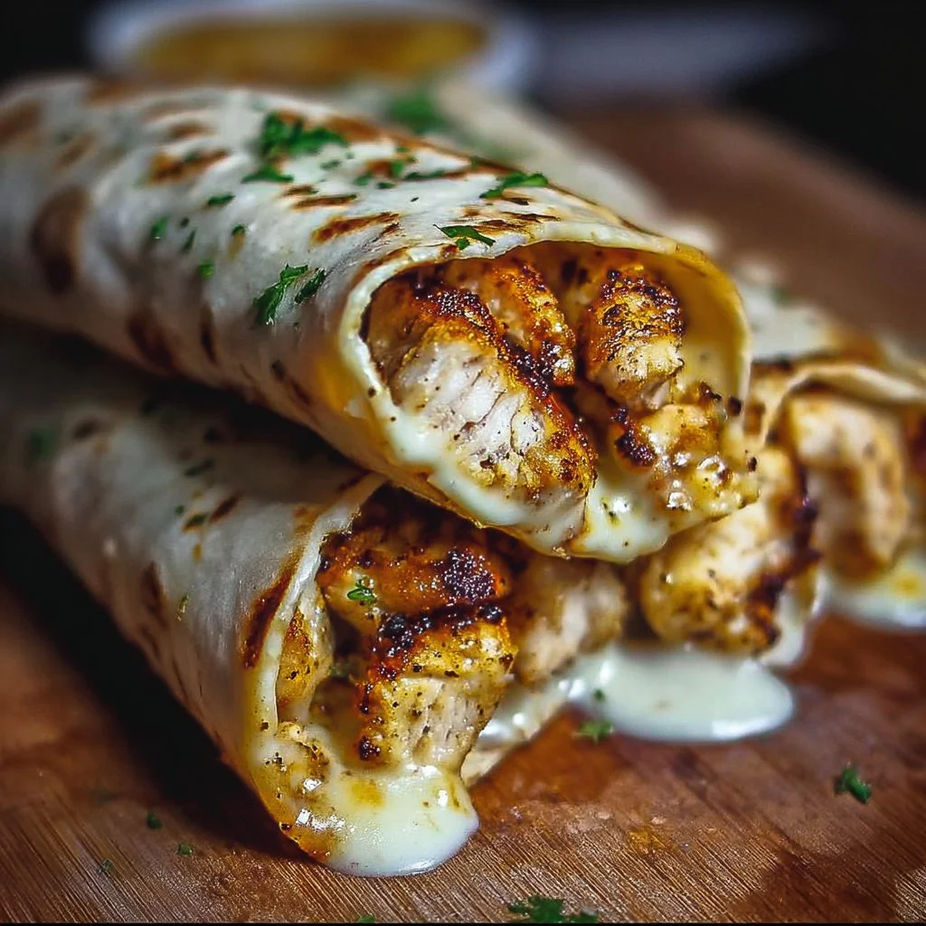 Cozy cheesy garlic chicken wraps served with fresh ingredients.