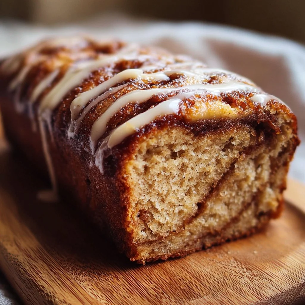 Cozy Cinnamon Roll Banana Bread 3 Cozy Cinnamon Roll Banana Bread sliced and served on a wooden board