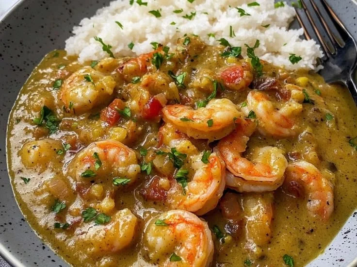 Bowl of spicy crawfish stew garnished with herbs and served with rice