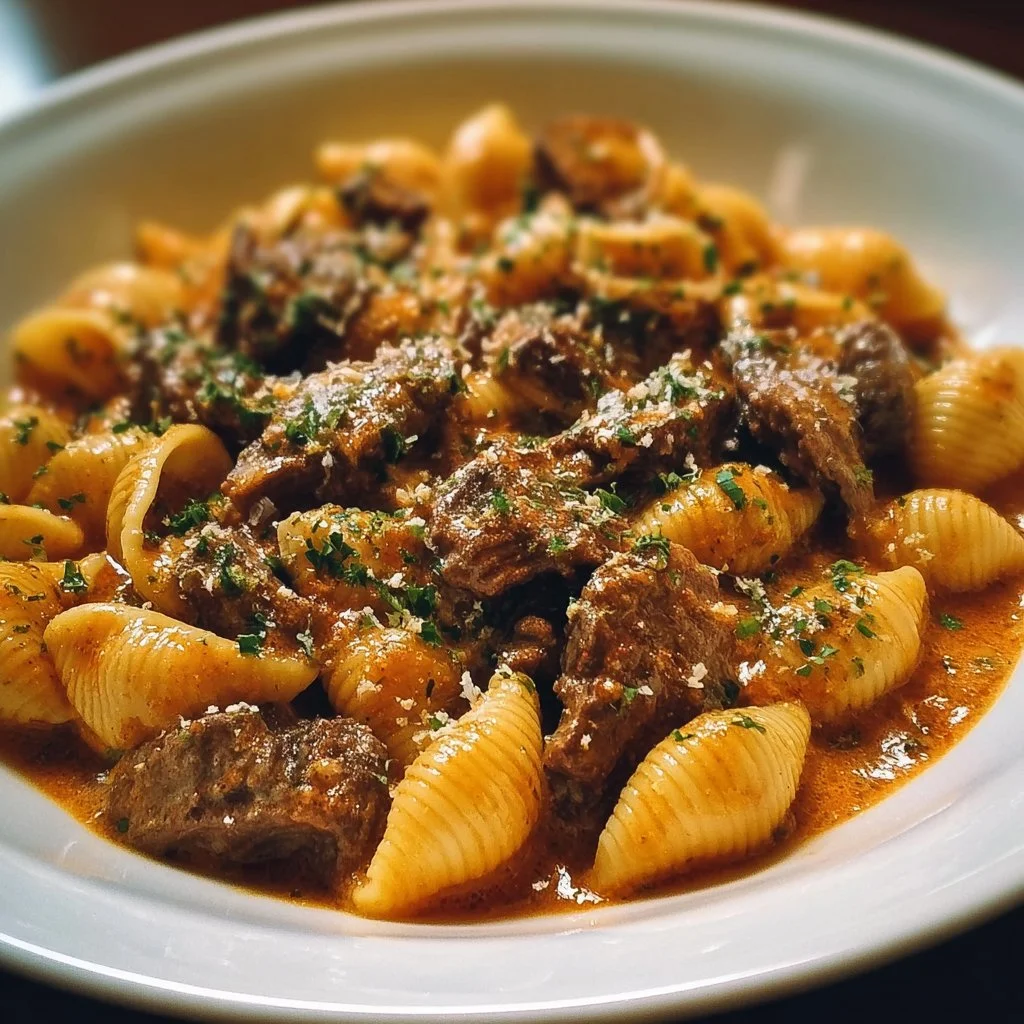 Creamy beef and shells dish served in a bowl, garnished with parsley.