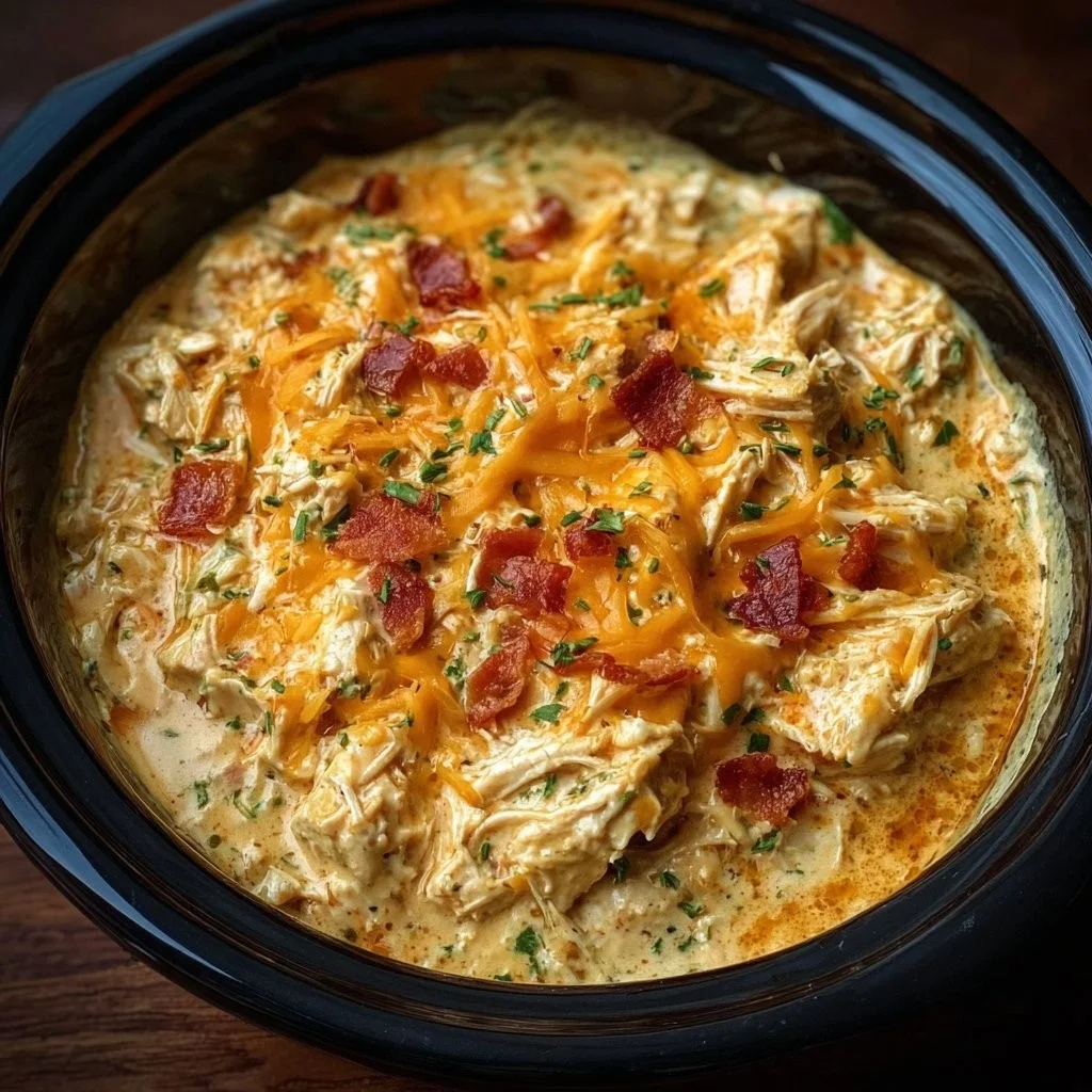 Creamy crockpot crack chicken served in a bowl with herbs.