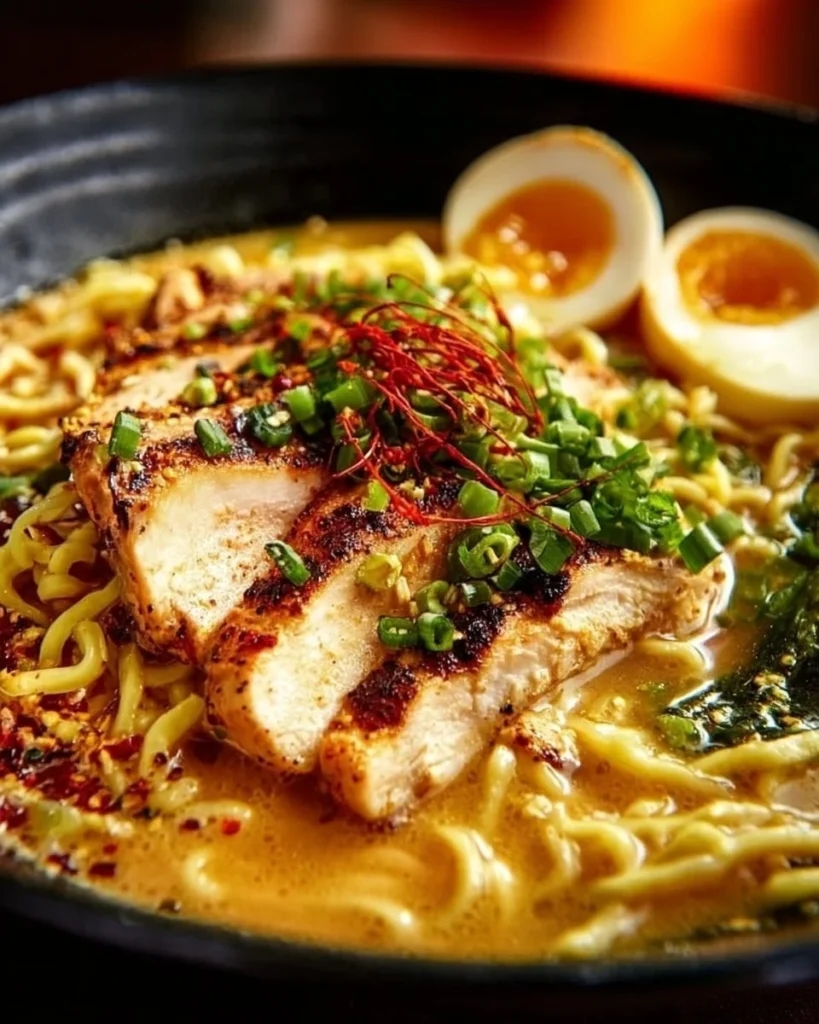 Bowl of creamy garlic chicken ramen topped with green onions and sesame seeds.