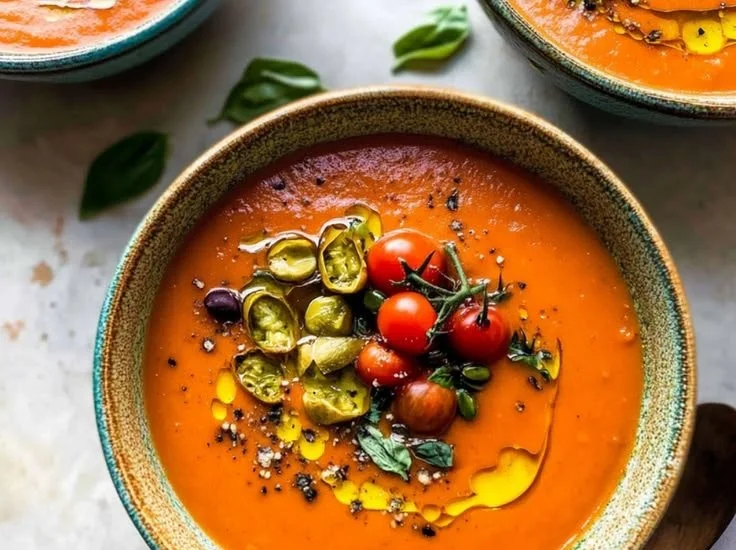 Bowl of creamy tomato basil soup garnished with fresh basil leaves