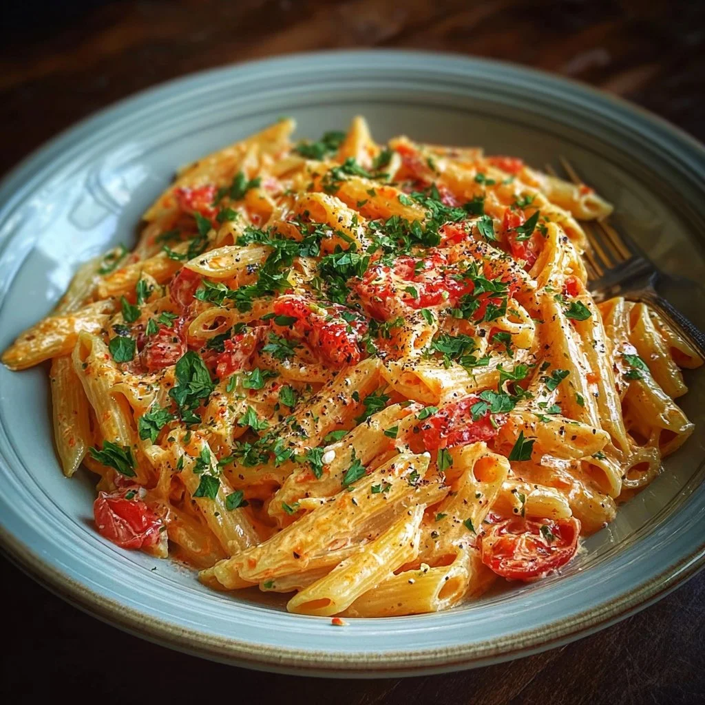 Creamy tomato garlic pasta dish garnished with fresh herbs