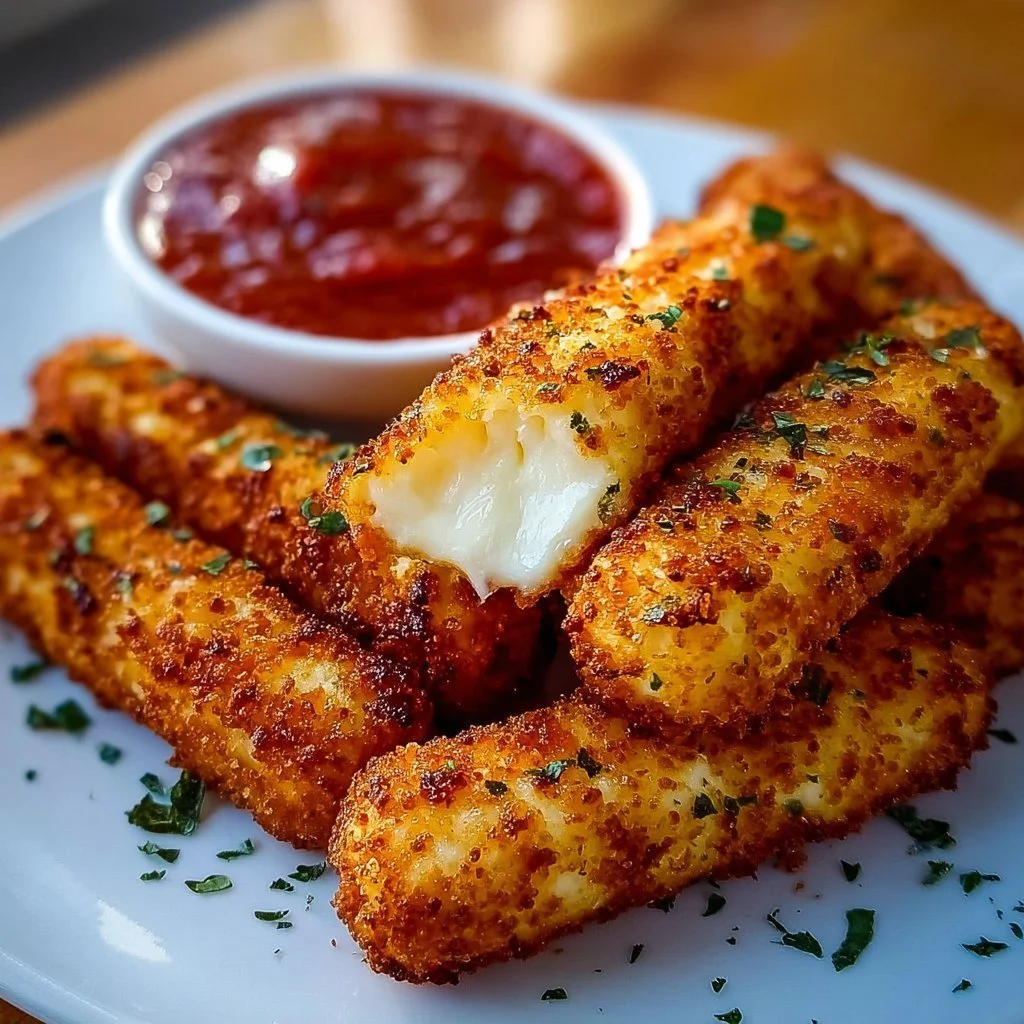 Crispy homemade mozzarella sticks served with marinara sauce.