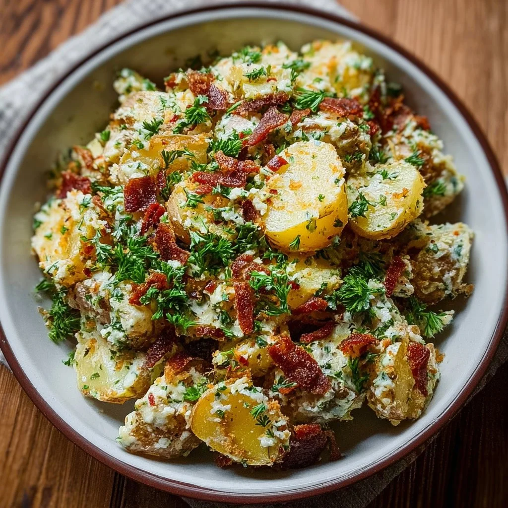 Crispy Smashed Potato Salad 3 Bowl of crispy smashed potato salad with herbs and dressing